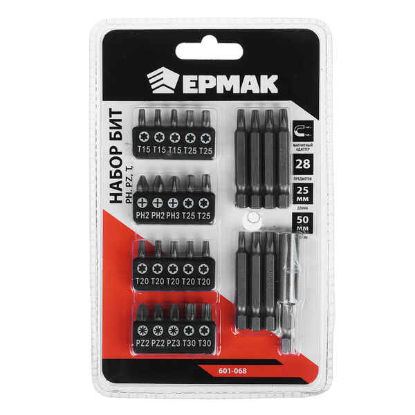 Ермак набор бит на блистере 28 предметов, 20 бит 25 мм, 7 бит 50 мм, магнитный адаптер 60 мм