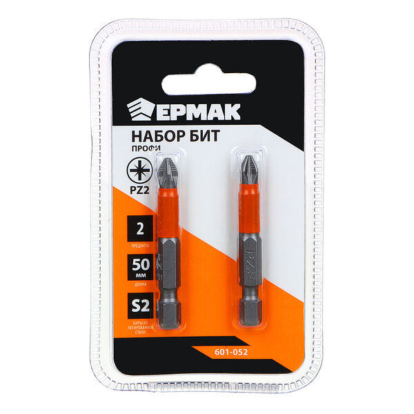 Ермак биты для шуруповерта pz2 длина 50 мм, сталь s2, 2 штуки, профи серия
