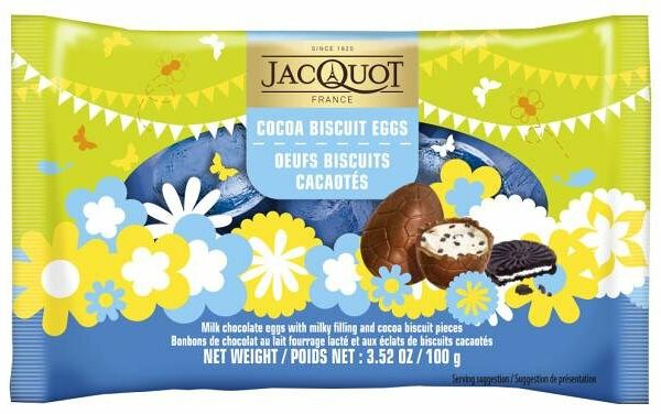 Шоколад фигурный молочный Jacquot Золотые яйца с молочной начинкой и кусочками печенья