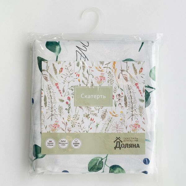 Скатерть Доляна Eucalyptus, размер: 110х144см, цвет бел/зеленый, рогожка 164г/м2, хлопок 100%