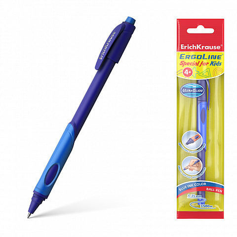 Ручка шариковая Erich Krause ErgoLine Kids Stick&Grip NeonUltra Glide Technology цвет чернил синий, 1 шт