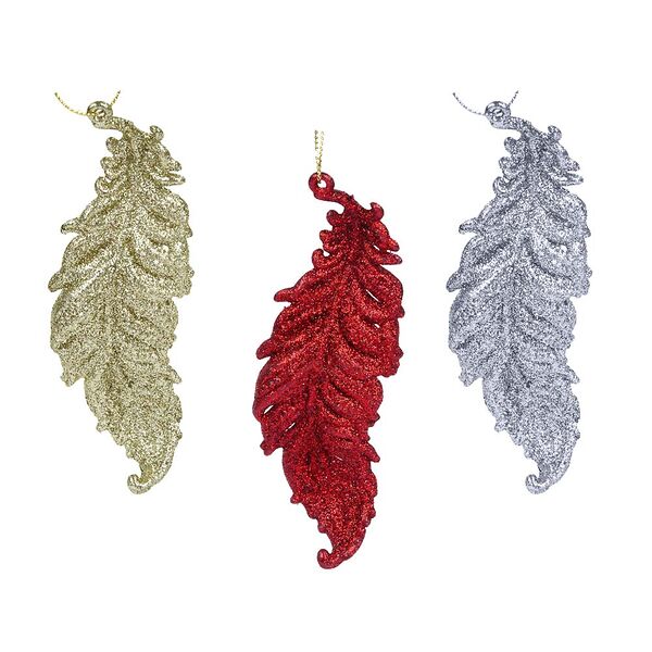 Сноу бум набор подвесок 3 шт. в виде перьев, глиттер, золото, серебро, красный, пластик, 13x4,5см