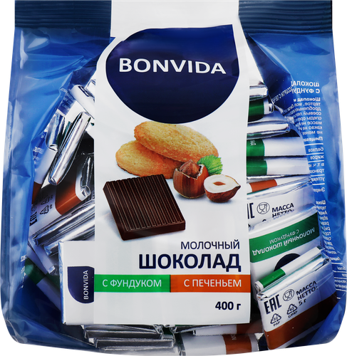 

Шоколад молочный BONVIDA Ассорти с печеньем и фундуком 400 г
