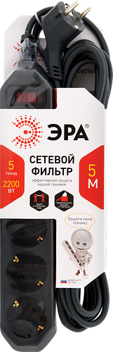 Сетевой фильтр Эра 5 розеток с заземлением с выключателем 5 м цвет в ассортименте