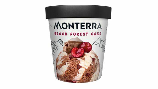 Мороженое сливочное Monterra Black Forest Cake двухслойное шоколадное с вишней и кусочками печенья, 300г