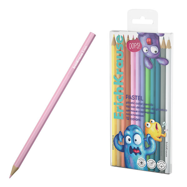Карандаши цветные ERICHKRAUSE Jolly friends Pastel, шестигранные, 12 цветов, Арт. 61802