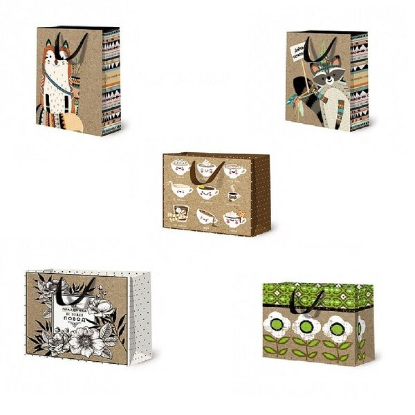 Пакет подарочный крафт, 23.5х21х24см, в ассортименте