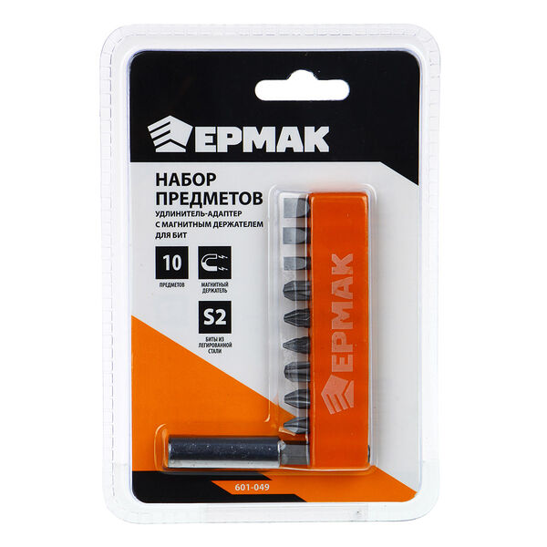 Ермак набор 10 пр: удлинитель-адаптер с магнитным держателем для бит; 9 бит длиной 25мм