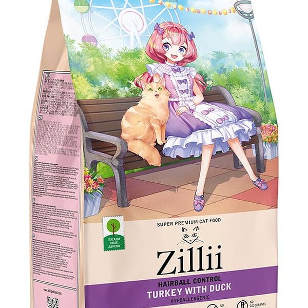 Сухой корм Zillii Hairball Control индейка с уткой для выведения шерсти у кошек, 2 кг
