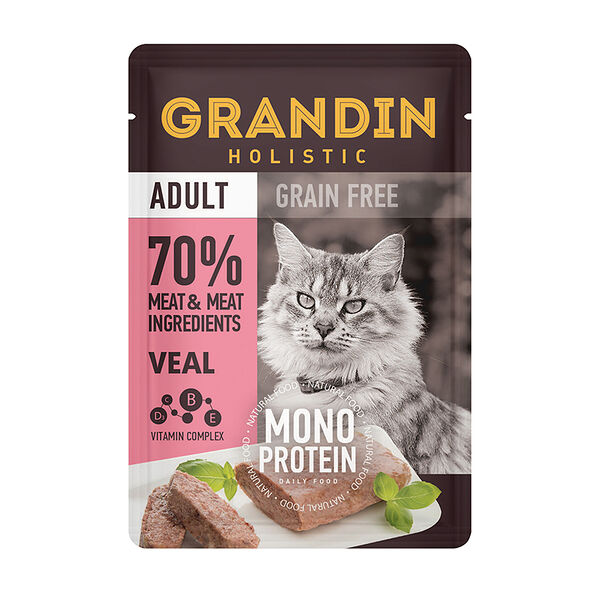 Adult Grain free Monoprotein Влажный корм Grandin (пауч) для взрослых кошек, патэ из нежного мяса телятины в желе, 85 гр.
