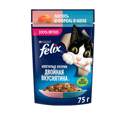 Влажный корм Felix Аппетитные кусочки, Двойная Вкуснятина для взрослых кошек, с лососем и форелью, в желе 75 г