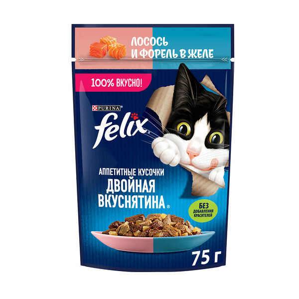 Влажный корм Felix Аппетитные кусочки, Двойная Вкуснятина для взрослых кошек, с лососем и форелью, в желе 75г