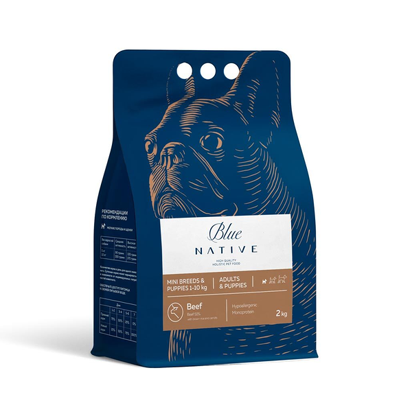 Сухой корм для щенков и собак мелких пород Blue Native Holistic Beef с говядиной, бурым рисом и морковью 2 кг