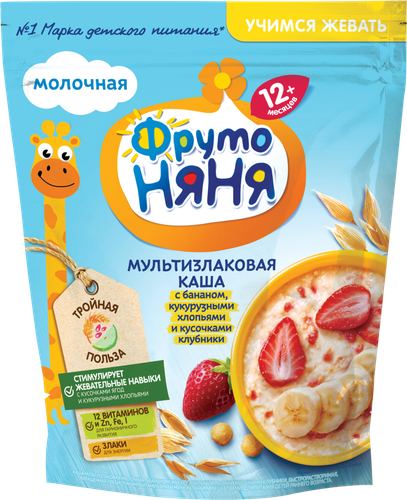 

Каша ФрутоНяня С кусочками мультизлаковая молочная с бананом, кукурузными хлопьями и клубникой с 1 года 200 г