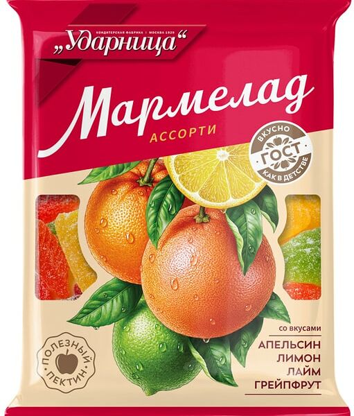 Мармелад Ударница Ассорти со вкусами Апельсина Лимона Грейпфрута Лайма 275г