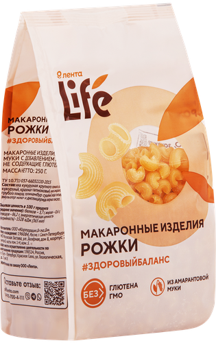 

Макароны безглютеновые ЛЕНТА LIFE Рожки, из кукурузной муки с добавлением амарантовой муки, 250г