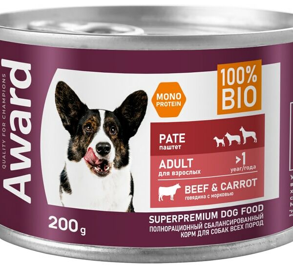 Влажный корм для собак Award Паштет из говядины с морковью 200г
