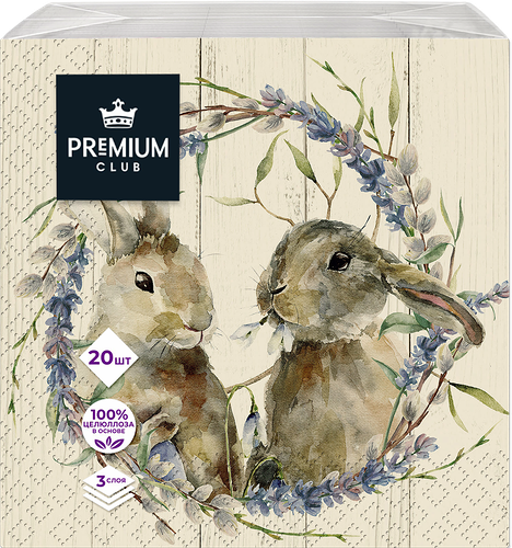 Салфетки бумажные PREMIUM CLUB Зайки 3-слоя, 33х33см, 20шт, в ассотритенте