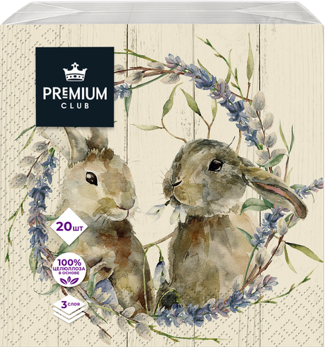 

Салфетки бумажные PREMIUM CLUB Зайки 3-слоя, 33х33см, 20шт, в ассотритенте