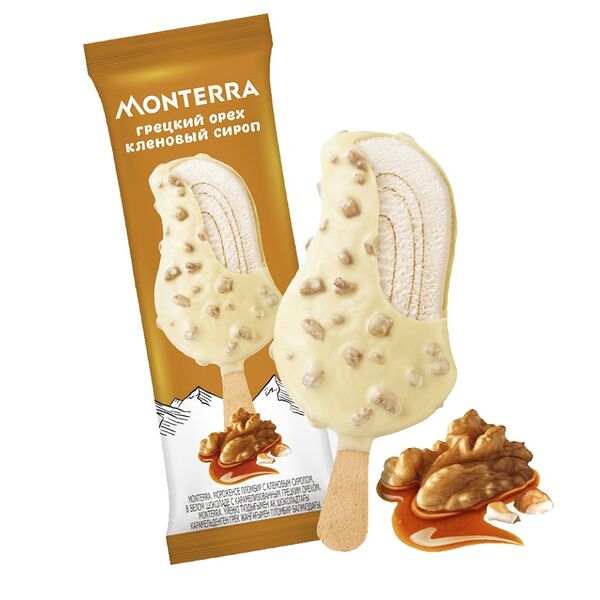 Мороженое пломбир Monterra с кленовым сиропом в белом шоколаде с карамелизованным грецким орехом, Россия