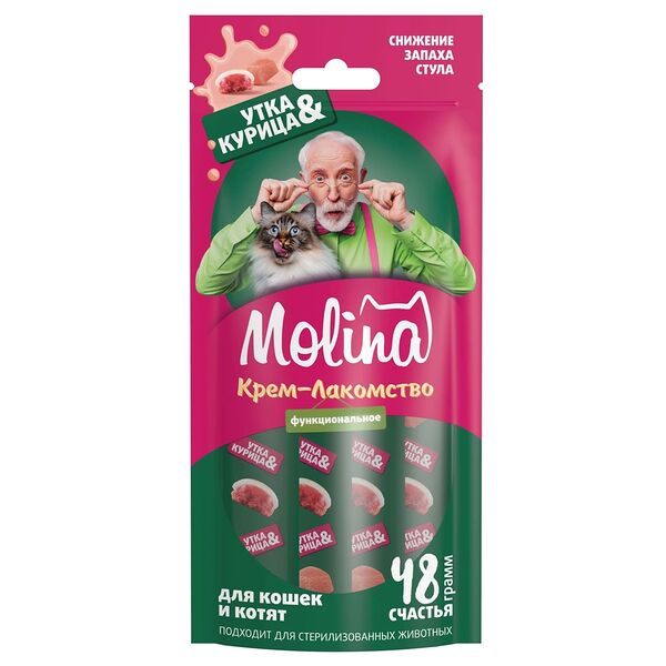 Крем-лакомство Molina Снижение запаха фекалий Утка/Курица для кошек и котят, 48 г
