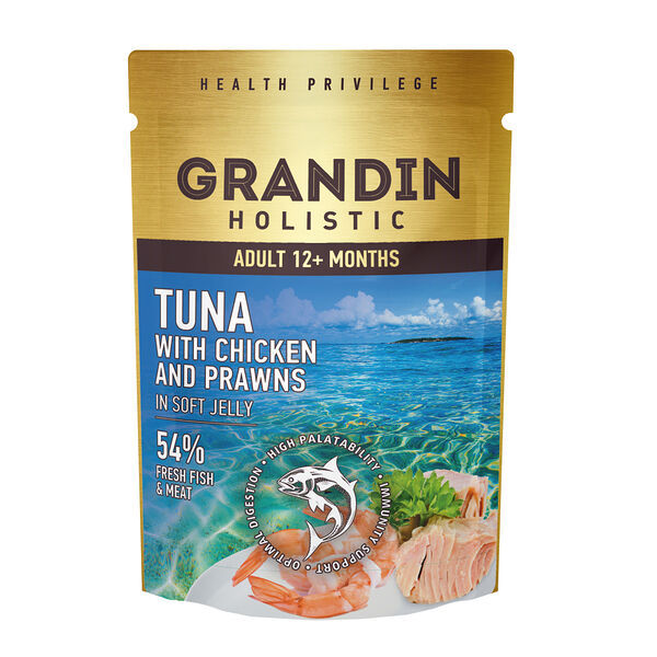 Влажный корм Grandin для взрослых кошек, тунец с курицей и креветками в нежном желе, 85 гр.