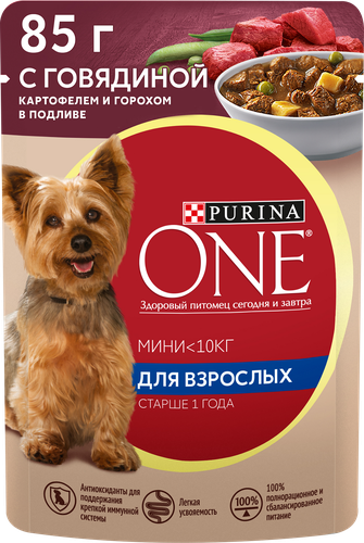 

Влажный корм Purina One Мини Взрослая для собак мелких пород старше 1 года, с говядиной, картофелем и горохом в подливе 85 г