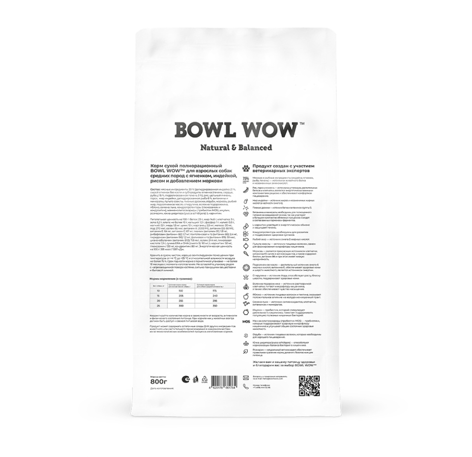 

Сухой корм Bowl Wow для взрослых собак средних пород с ягненком, индейкой, рисом и морковью 800 г