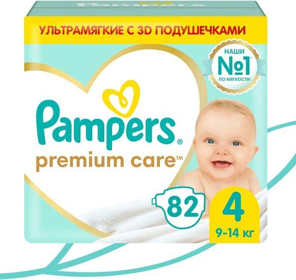Подгузники Pampers Premium Care 4 размер / 9-14кг ультрамягкие 82шт