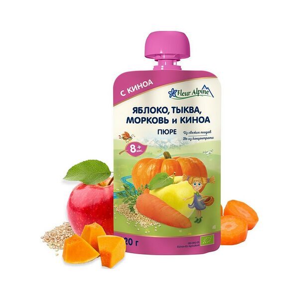 Пюре фруктово-овощное яблоко, тыква, морковь и киноя ORGANIC  вес 120г ДП с 8 мес. Fleur Alpine