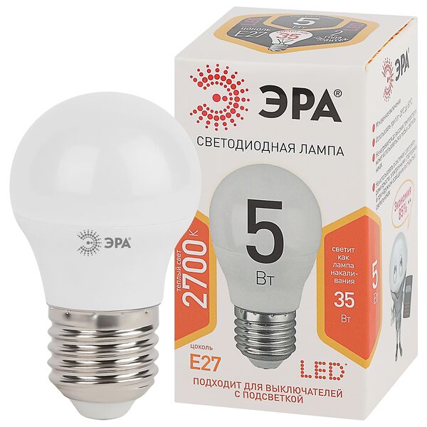 Лампа светодиодная Эра LED P45-5W-827-E27 Теплый белый