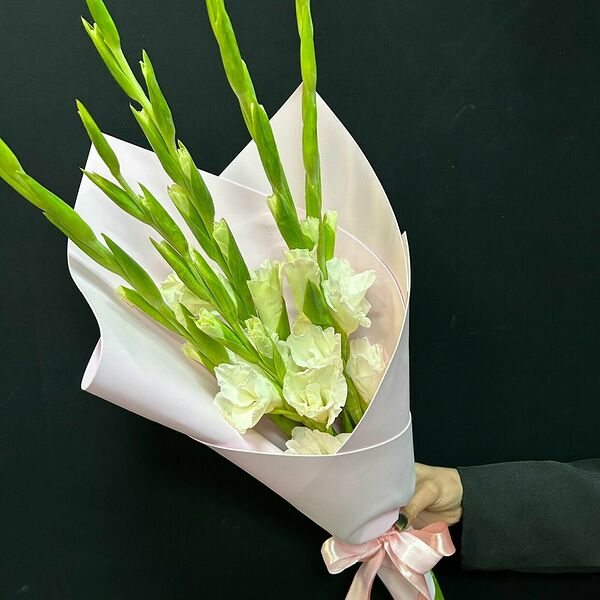 5 белых гладиолусов в розовом фоамиране