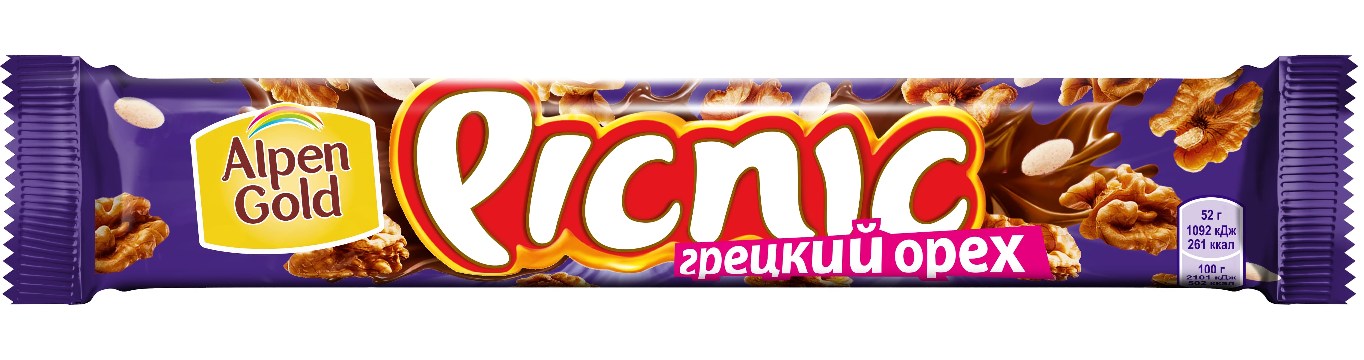 

Батончик Picnic с грецким орехом и арахисом начинкой из мягкой карамели вафель и воздушного риса покрытый молочным шоколадом 52 г