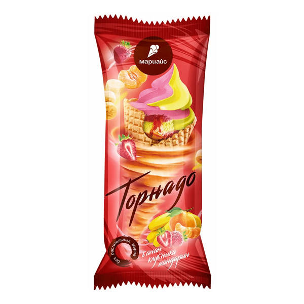 Мороженое Мариайс рожок сливочный двухслойное клубника-банан-мандарин, 80г