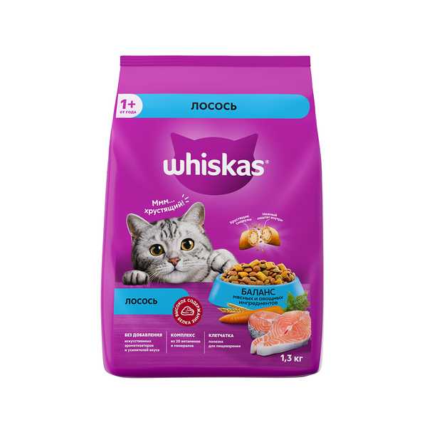 Сухой корм для кошек Whiskas подушечки c паштетом лосось 1.3 кг