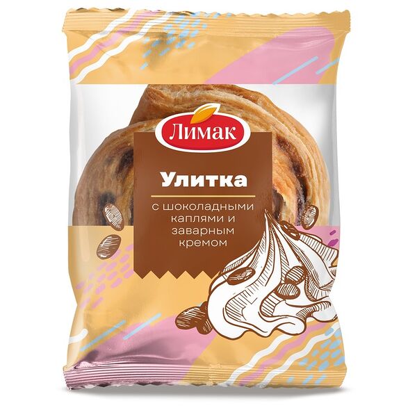 Улитка Лимак слоёная с шоколадными каплями и заварным кремом 100 г