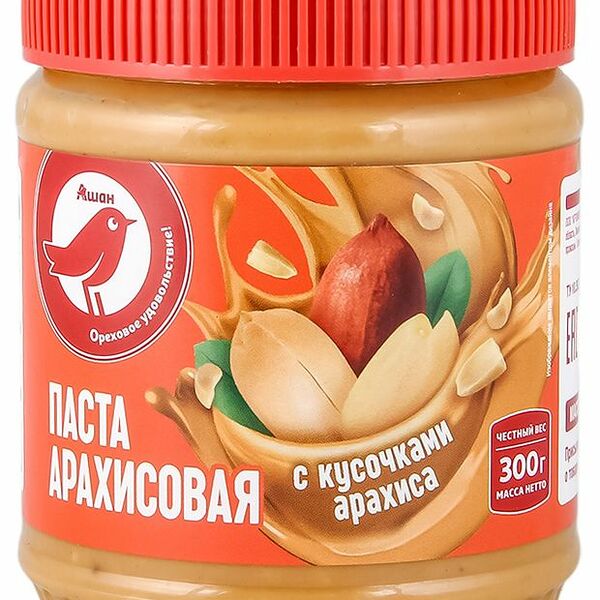 Паста арахисовая АШАН Красная птица с кусочками арахиса