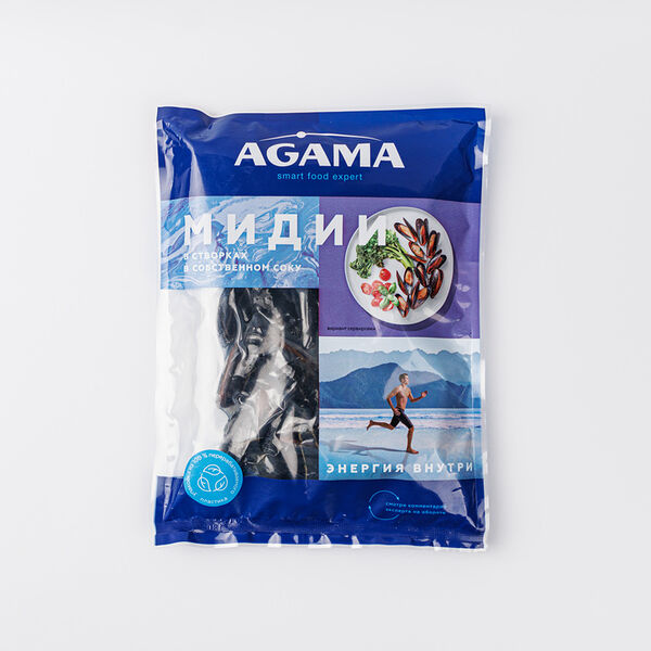 Мидии в створках Agama в собственном соку варёно-мороженые, 450г
