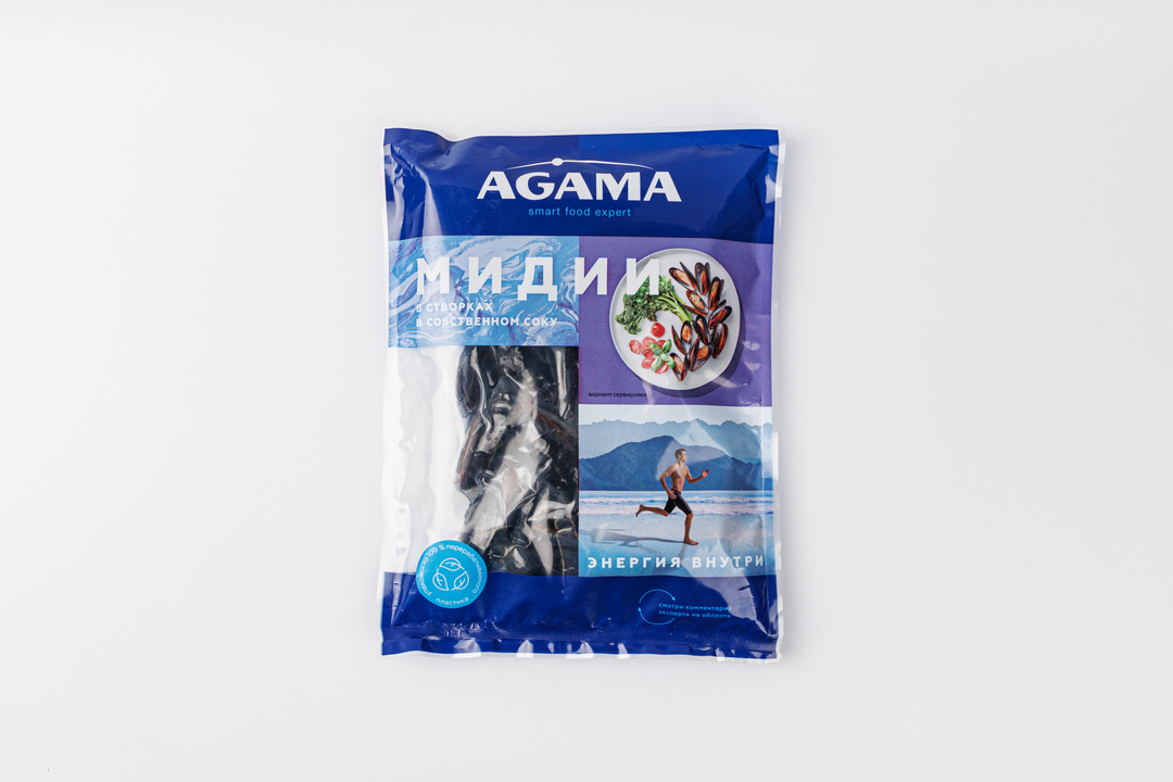 

Мидии в створках Agama в собственном соку варёно-мороженые 450 г