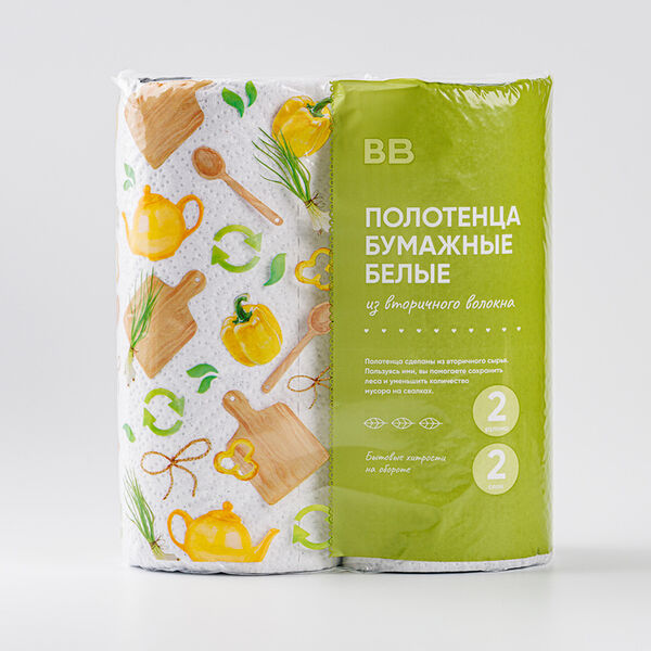 Полотенца бумажные ВкусВилл из вторичного волокна 2 слоя, 2 рулона