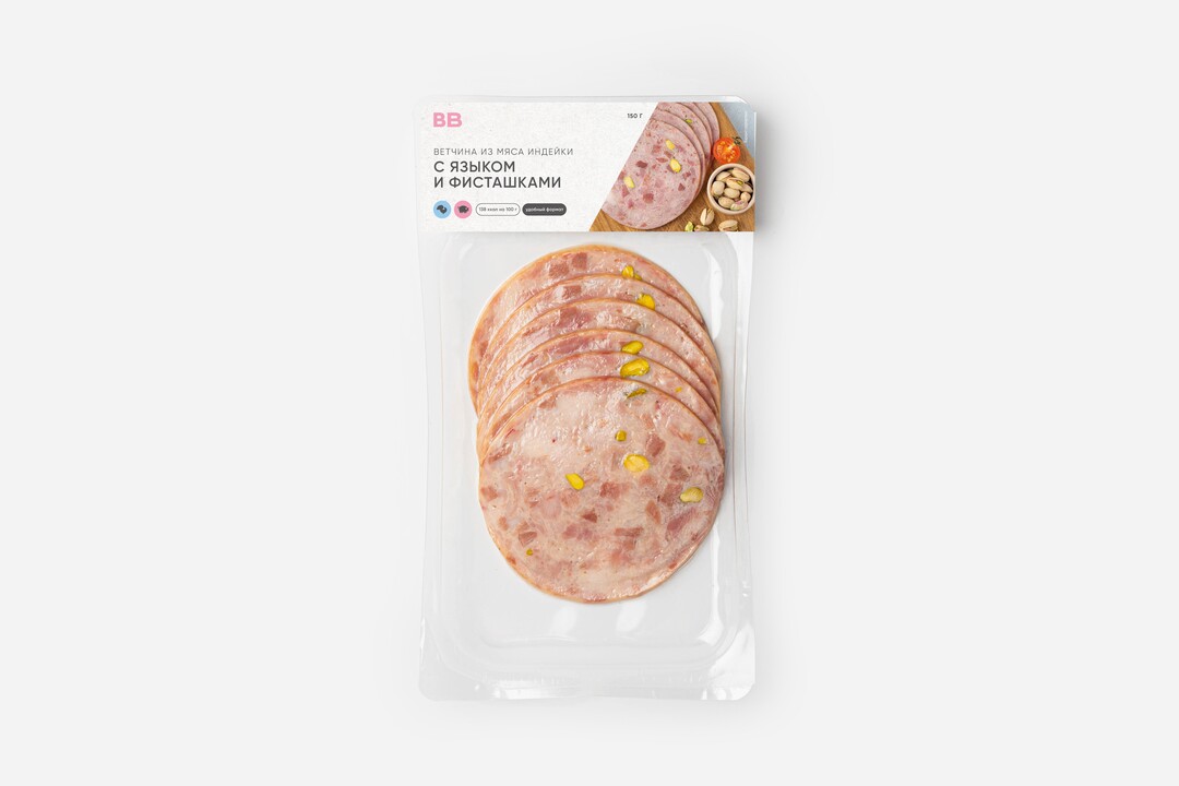 

Ветчина из индейки с говяжьим языком и фисташками 150 г