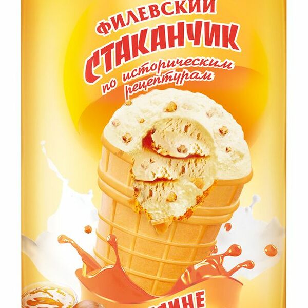 Мороженое Филевское пломбир фундук-карамель в вафельном стакане 100г