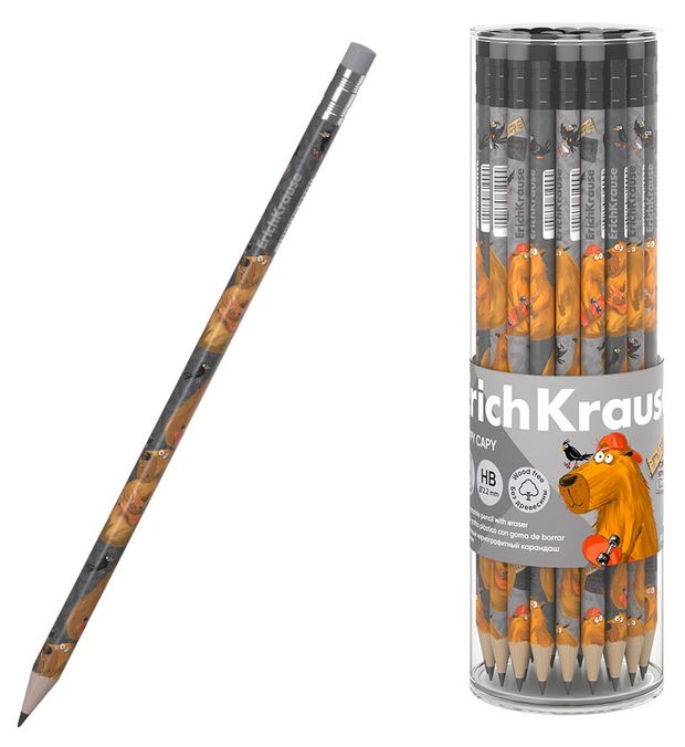 

Чернографитный карандаш пластиковый ErichKrause Happy Capy круглый с ластиком HB 1шт