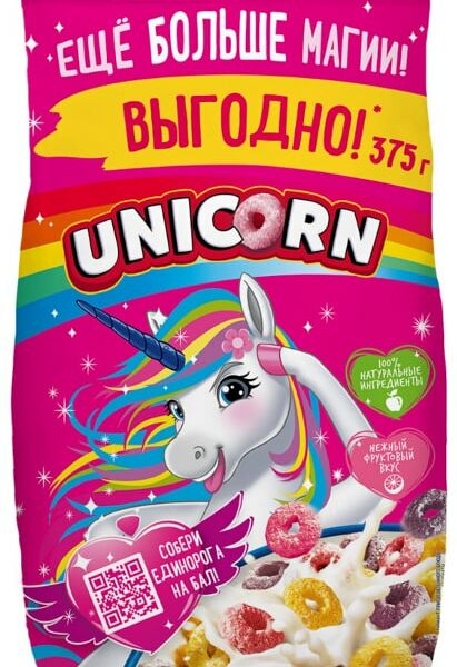 Готовый завтрак Unicorn Радужные колечки с фруктовым вкусом 375г