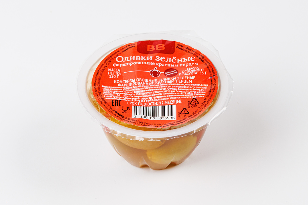

Оливки ВкусВилл зеленые фаршированные красным перцем 120 г