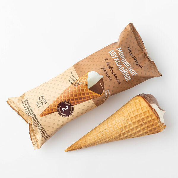 Мороженое двухслойное в вафельном рожке (Продукт замороженный)