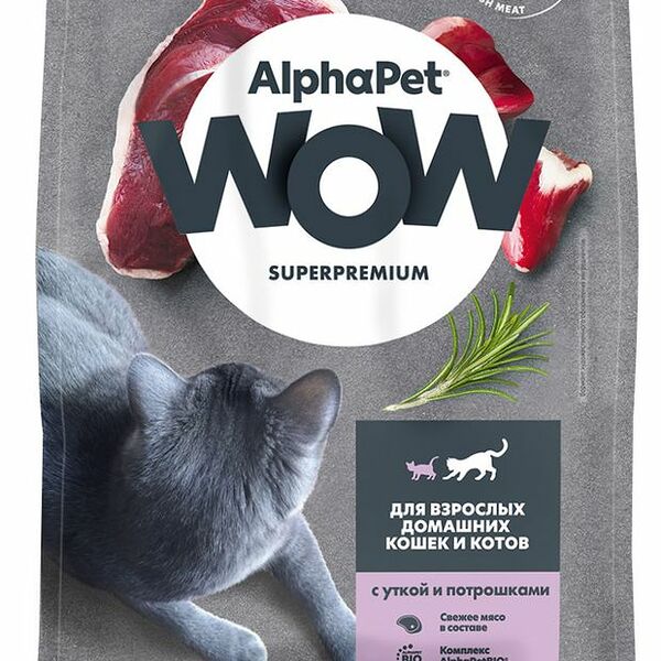 Сухой корм для взрослых домашних кошек Alphapet Wow утка и потрошки 1.5 кг
