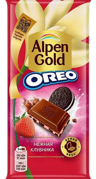 Шоколад Alpen Gold Нежная клубника Молочный с клубничной начинкой и печеньем Орео 85г