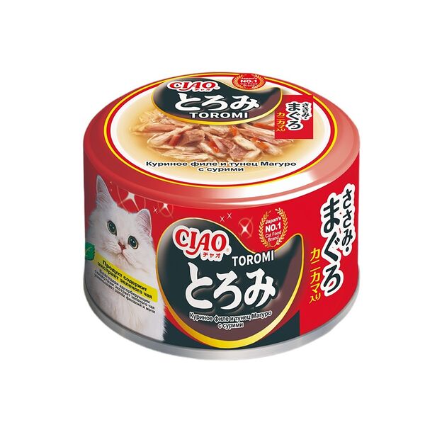 Влажный корм для кошек Inaba Ciao Toromi Куриное филе и тунец магуро с добавлением сурими в бульоне 80г