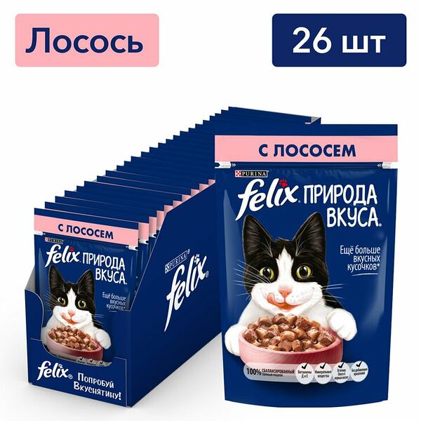 Корм для кошек FELIX Природа Вкуса лосось пауч 75г (упаковка - 26 шт)